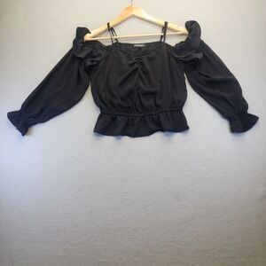 Express Black Cold Shoulder Ruffle Blouse Long Sleeve Peplum Top Womens Medium